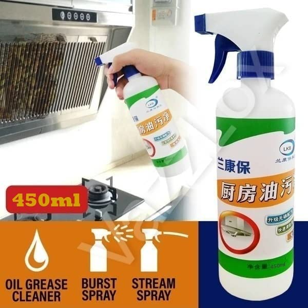 Cleaning spray bottle with kitchen grease cleaner label on a white background