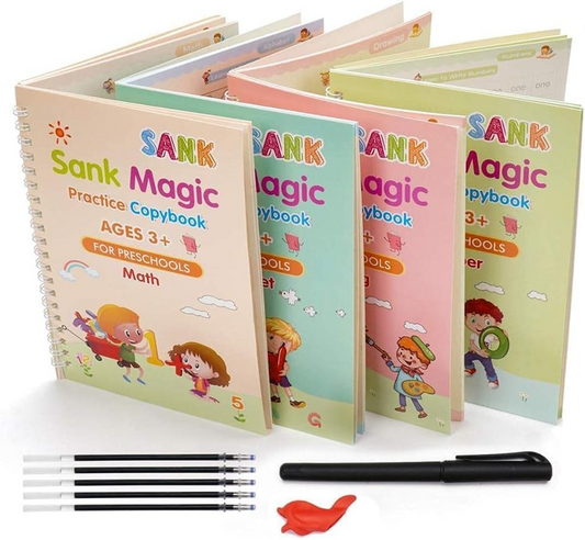 Set of colorful 'Sank Magic' practice copybooks for preschoolers with pens and eraser on a white background