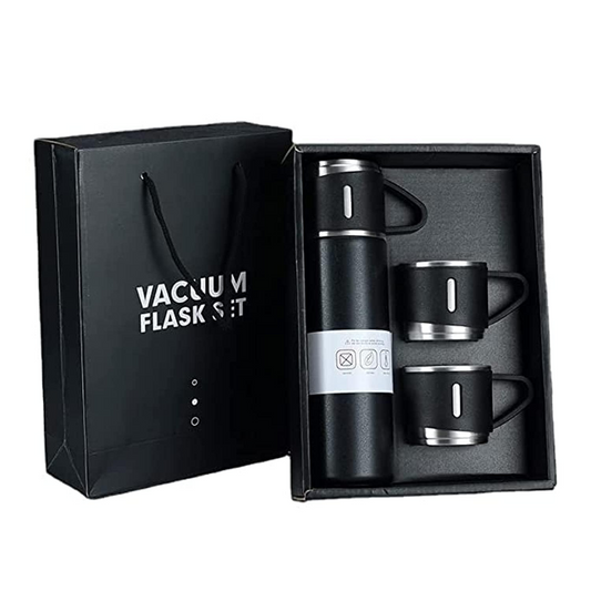 Black vacuum flask set with two mugs in a gift box, accompanied by a black gift bag.