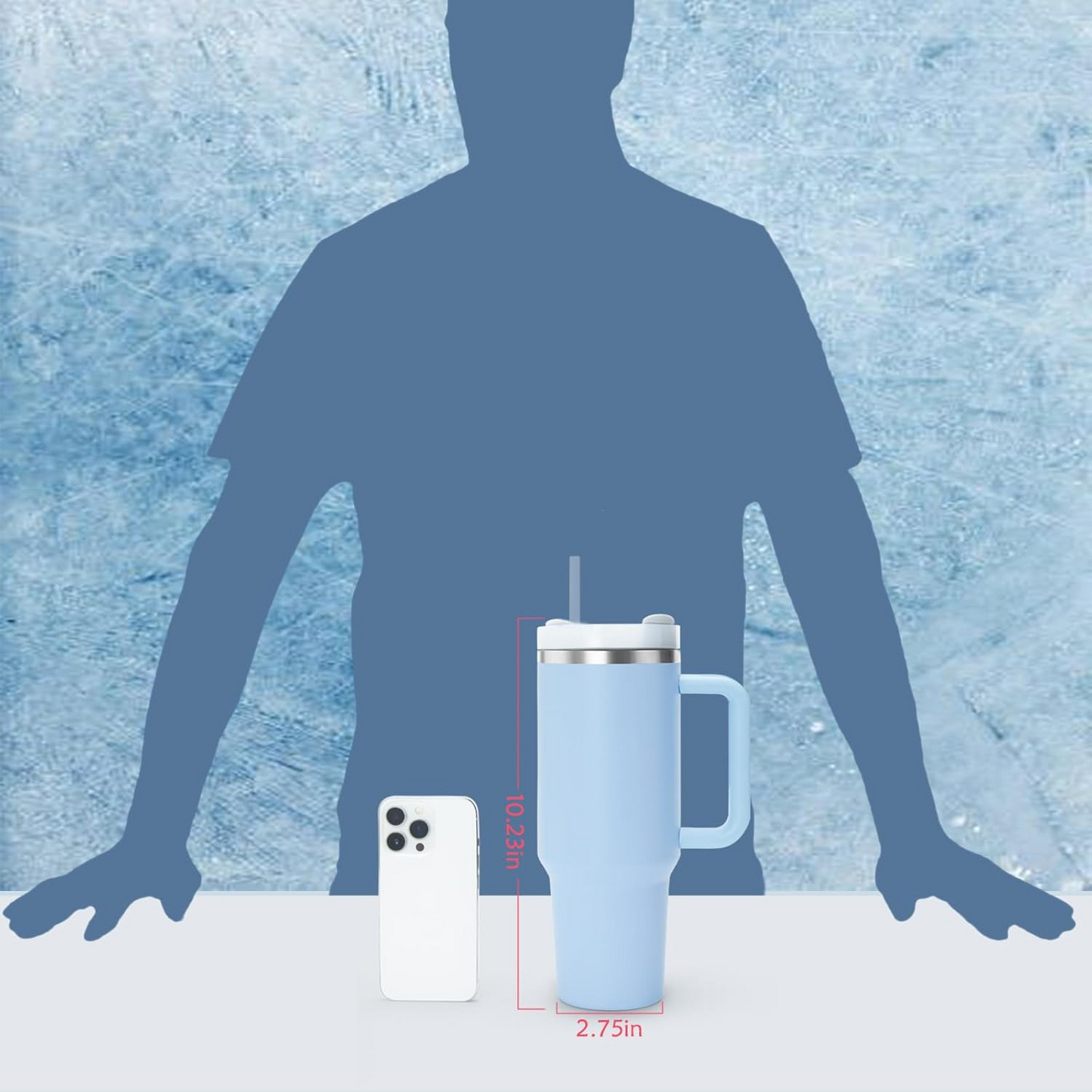 Silhouette of a person next to a blue insulated mug and smartphone on a textured blue background