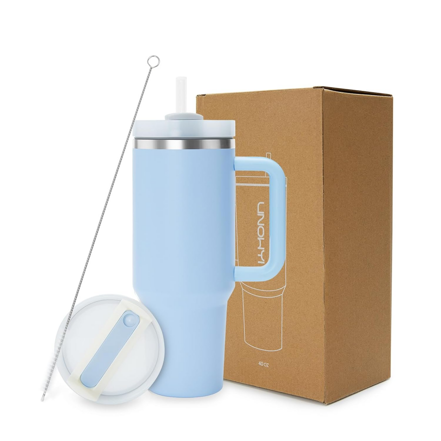 Light blue insulated mug with handle and straw lid next to a cardboard box on a white background