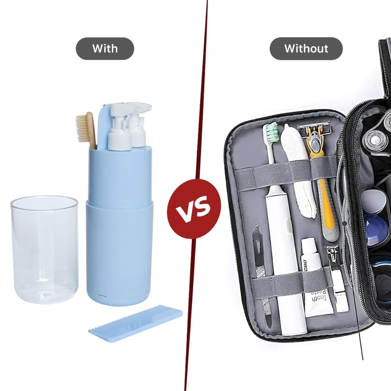 Comparison of travel hygiene kit with and without essential items on a white background.