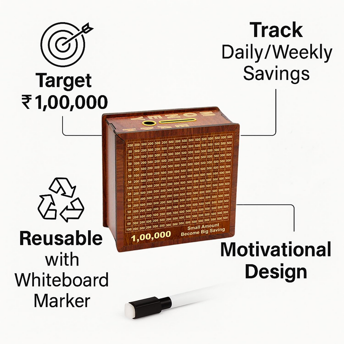 Savings tracker with wooden design, whiteboard marker, and motivational text on a white background