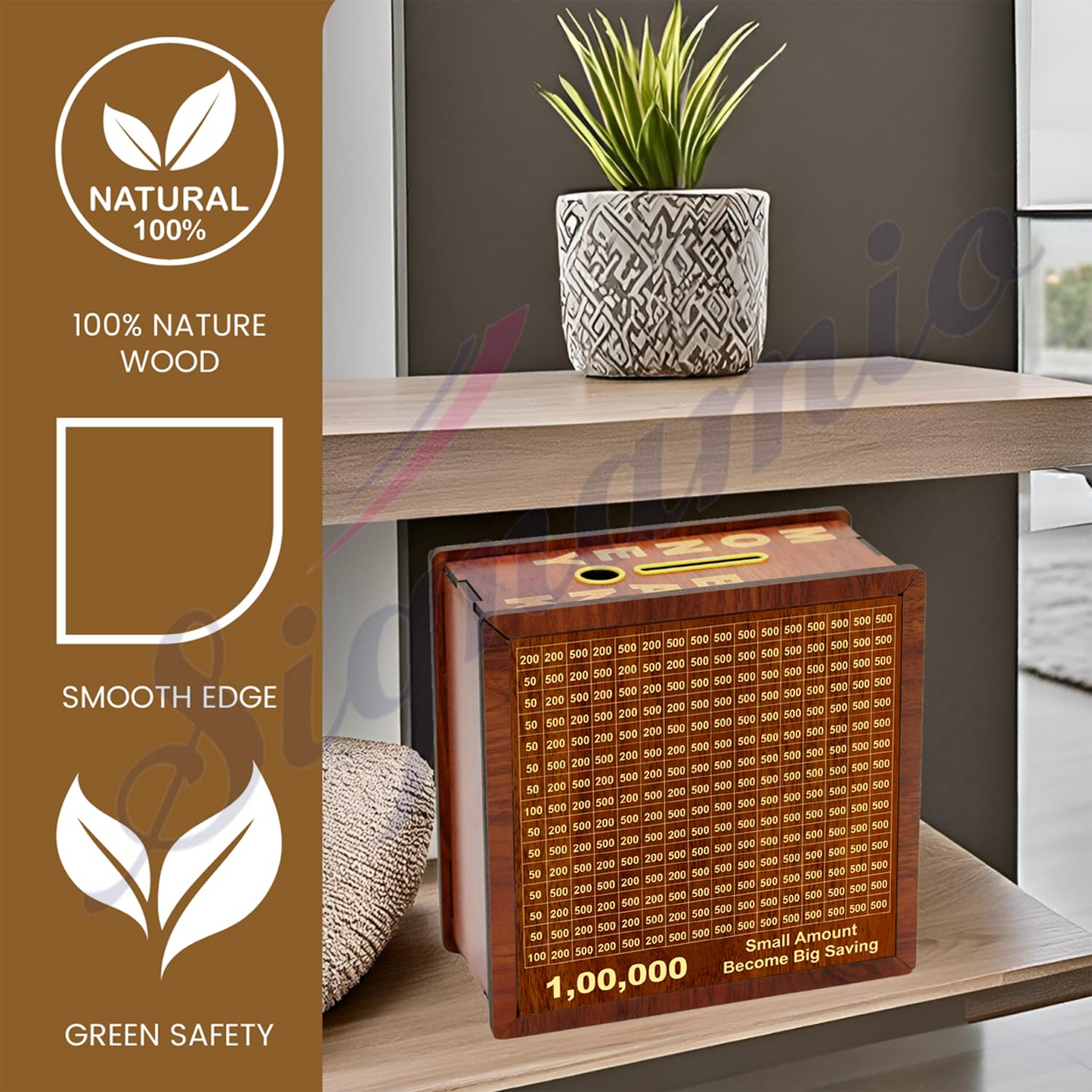 Wooden money box with plant on shelf, nature wood features on the side.