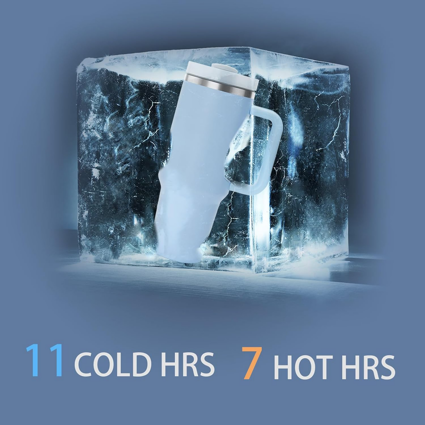 White mug inside a block of ice with text indicating cold and hot hours on a blue background
