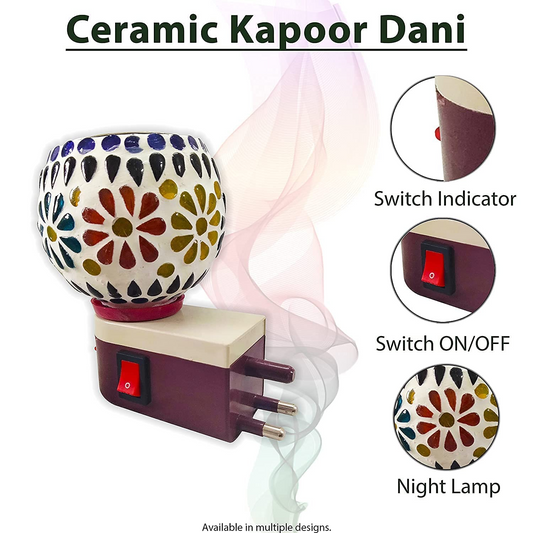 Ceramic Aroma Diffuser | Electric Kapoor Dani with Night Lamp | Designer Camphor Diffuser for Pooja, Meditation & Aromatherapy | Multicolor Electric Kapoor Burner for Home, Office & Gifting