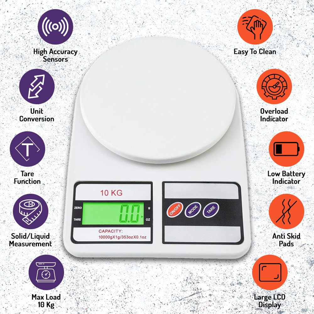 Digital kitchen scale with feature icons on a white background