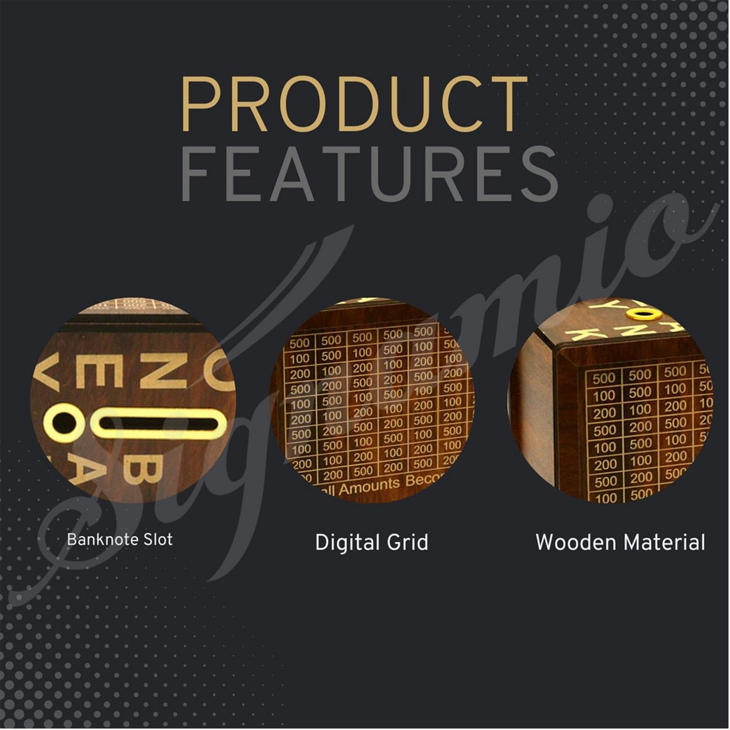 Product features including a banknote slot, digital grid, and wooden material on a dark background.