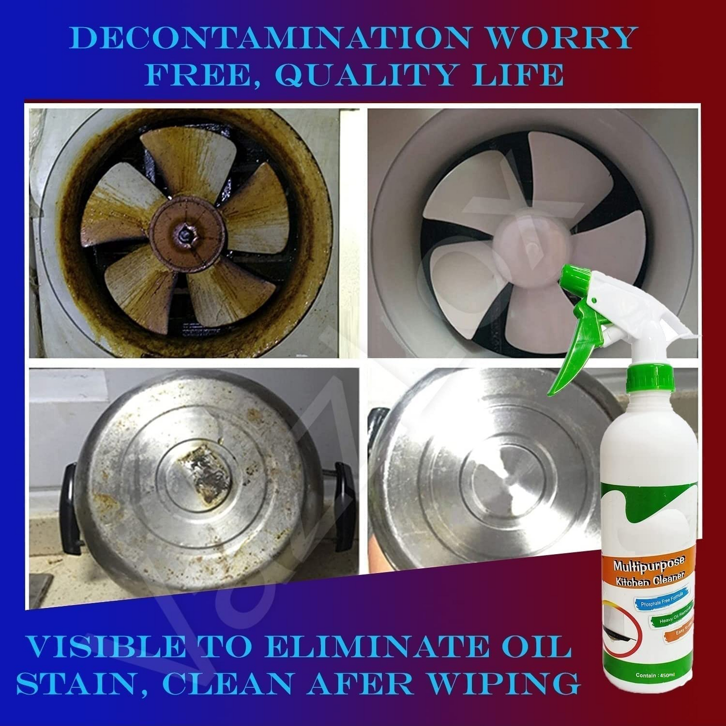 Before-and-after comparison of a dirty fan and pot with a cleaning spray bottle, emphasizing decontamination.