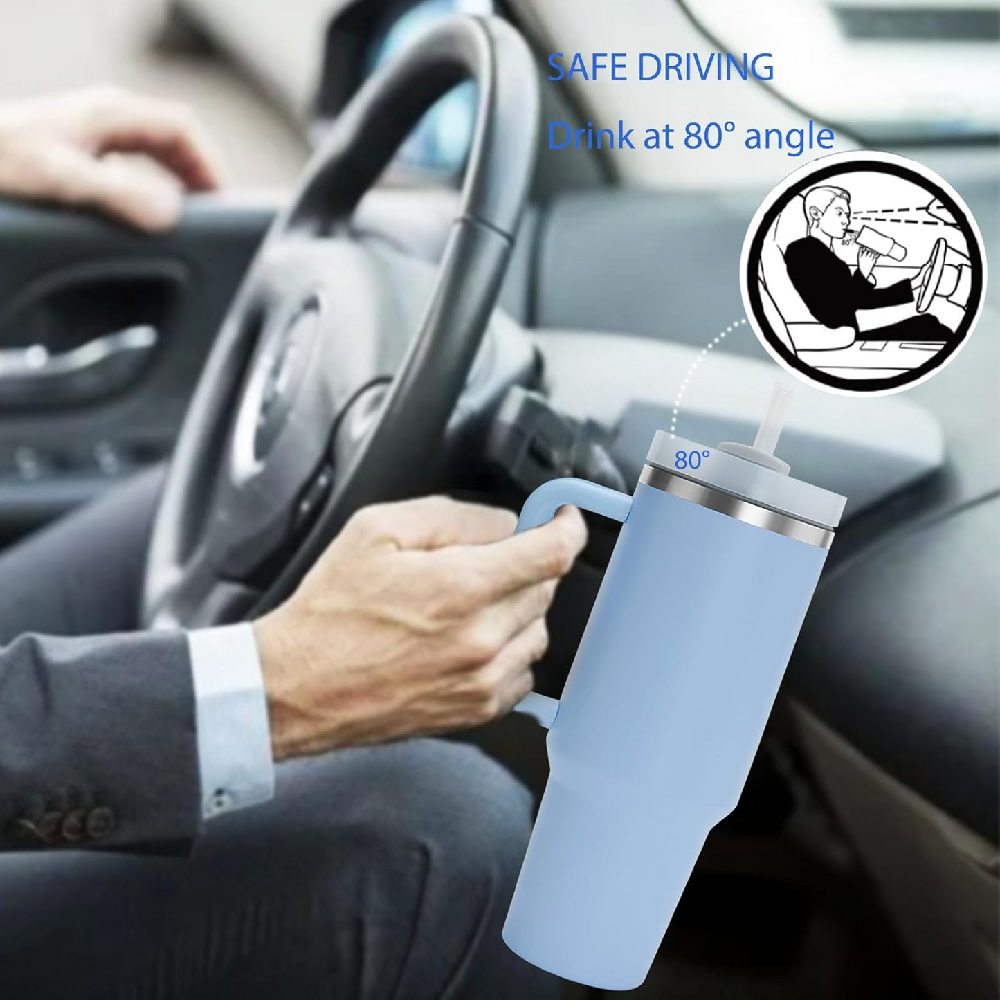 Person holding a blue tumbler with a straw in a car, emphasizing safe driving.