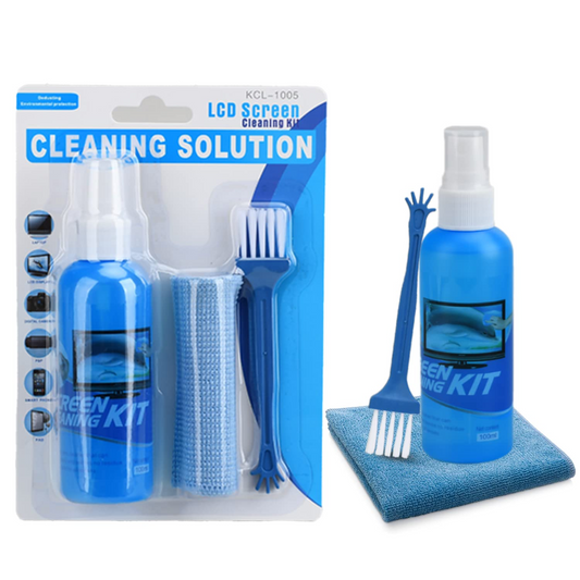 LCD screen cleaning kit with spray bottle, brush, and cloth on a white background