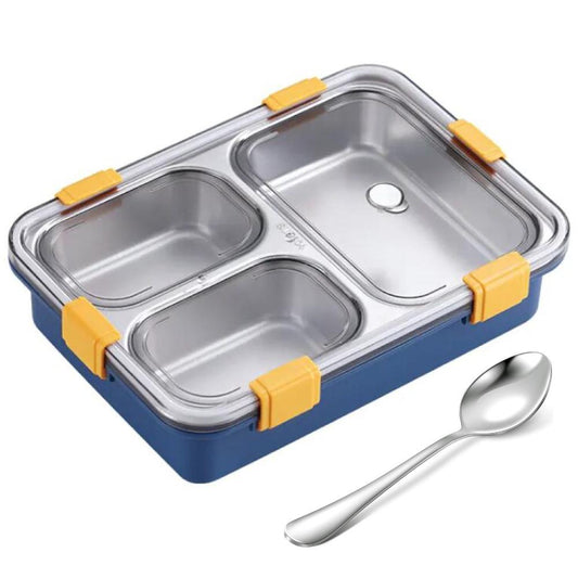 3 Compartment Stainless Steel Lunch Box, Leakage Proof Lunch Box for School Kids and Adults Pack of 1 Blue,750ML
