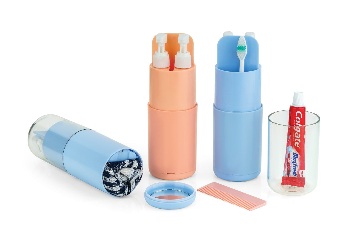 Set of travel-sized toiletries including toothbrushes, toothpaste, and a comb in blue containers on a white background.
