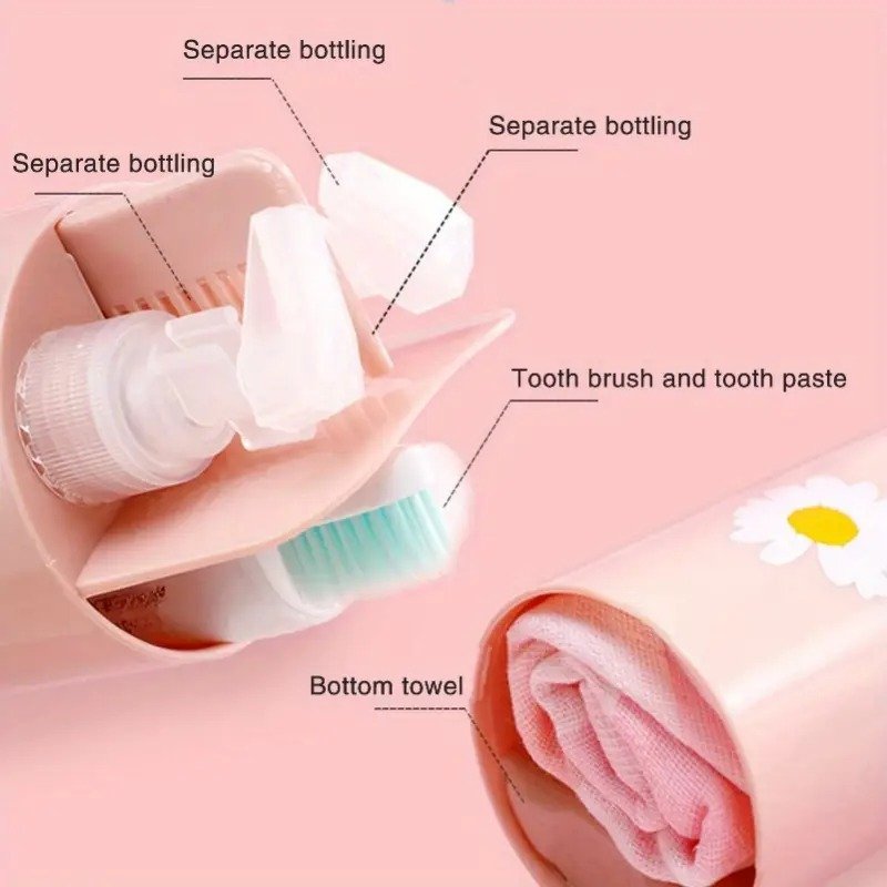 Travel-sized toiletries set with separate bottles, toothbrush, and towel on a pink background.