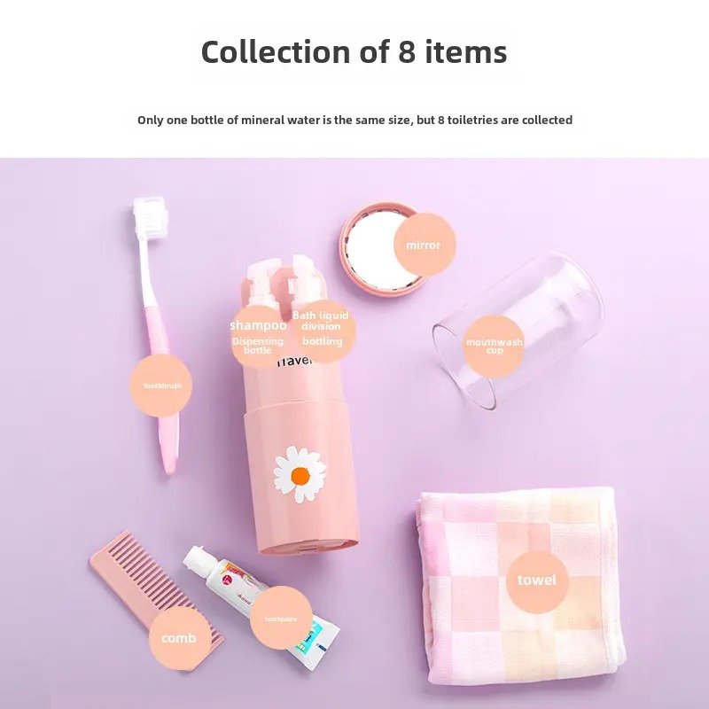 Collection of 8 toiletries including a bottle, brush, comb, and towel on a purple background.