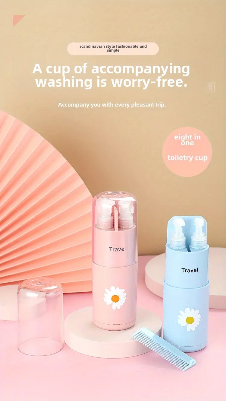 Set of travel cups with daisy designs on a pink background