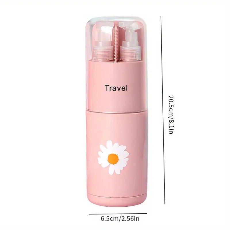 Pink travel-sized bottle with a daisy design and measurement details on a white background