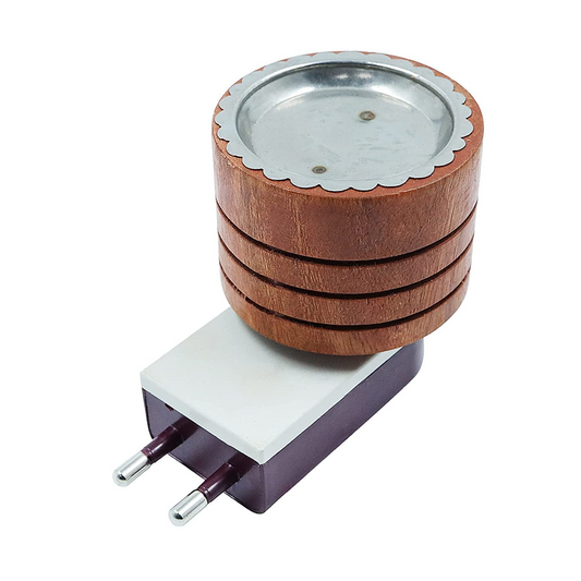 Wooden spiral design wall plug adapter on a white background