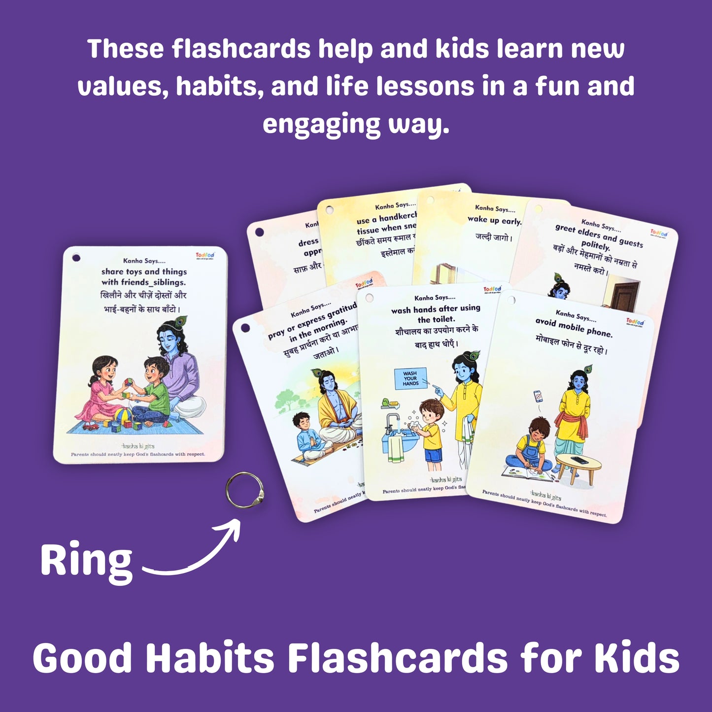 Todfod Good Habit by Krishna Flash Cards – Moral Values & Positive Habits Learning Cards for Kids – Educational Illustrated Flashcards for Early Childhood Development