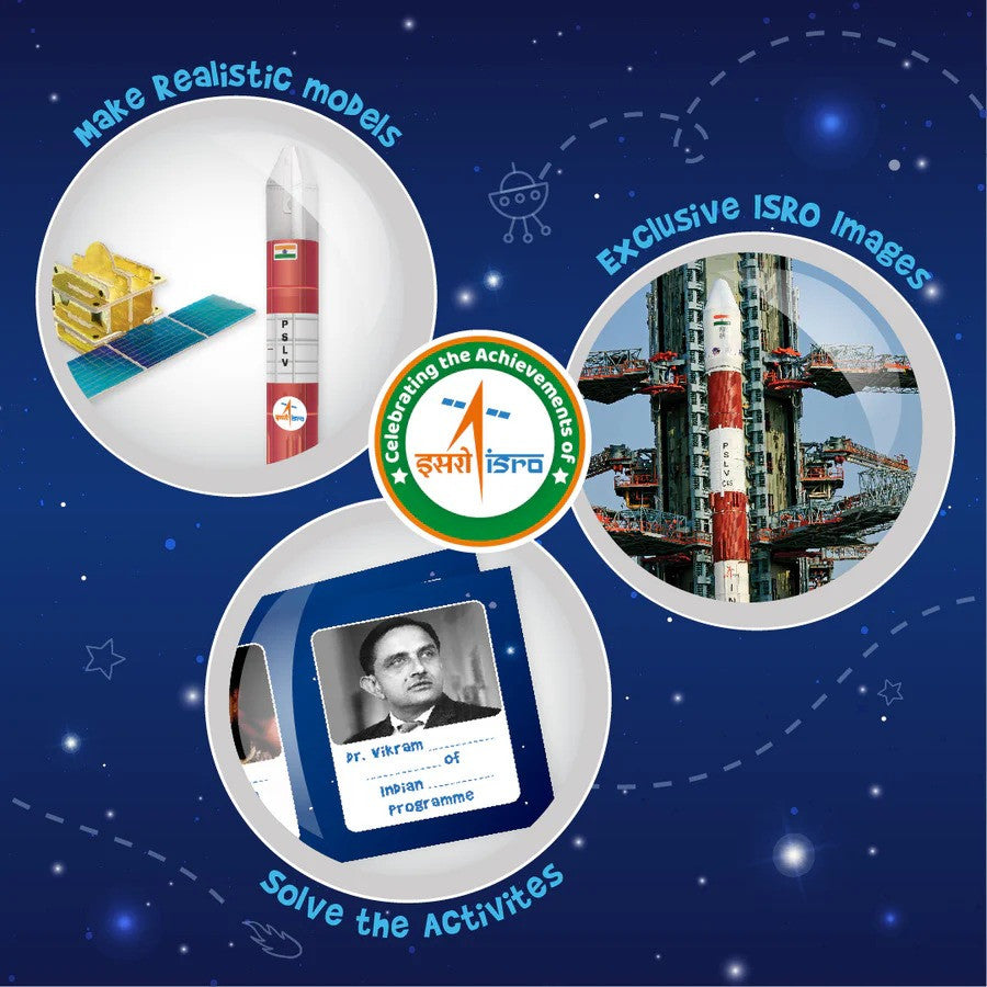 Promotional graphic for ISRO with rocket, satellite, and photo of a person, set against a blue space-themed background.