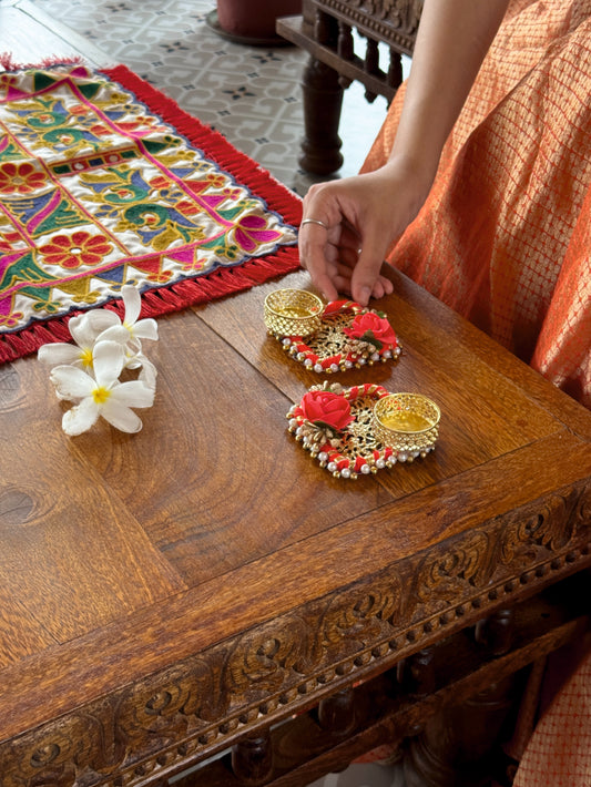 Smaran Handmade Elegant Candle Holder Set of 2 for Festivals, Weddings, Pooja Room & Home Decor, Traditional Indian Decorative Tealight Candle Set (Red Square Tealight Diya Pair with Flower Design)