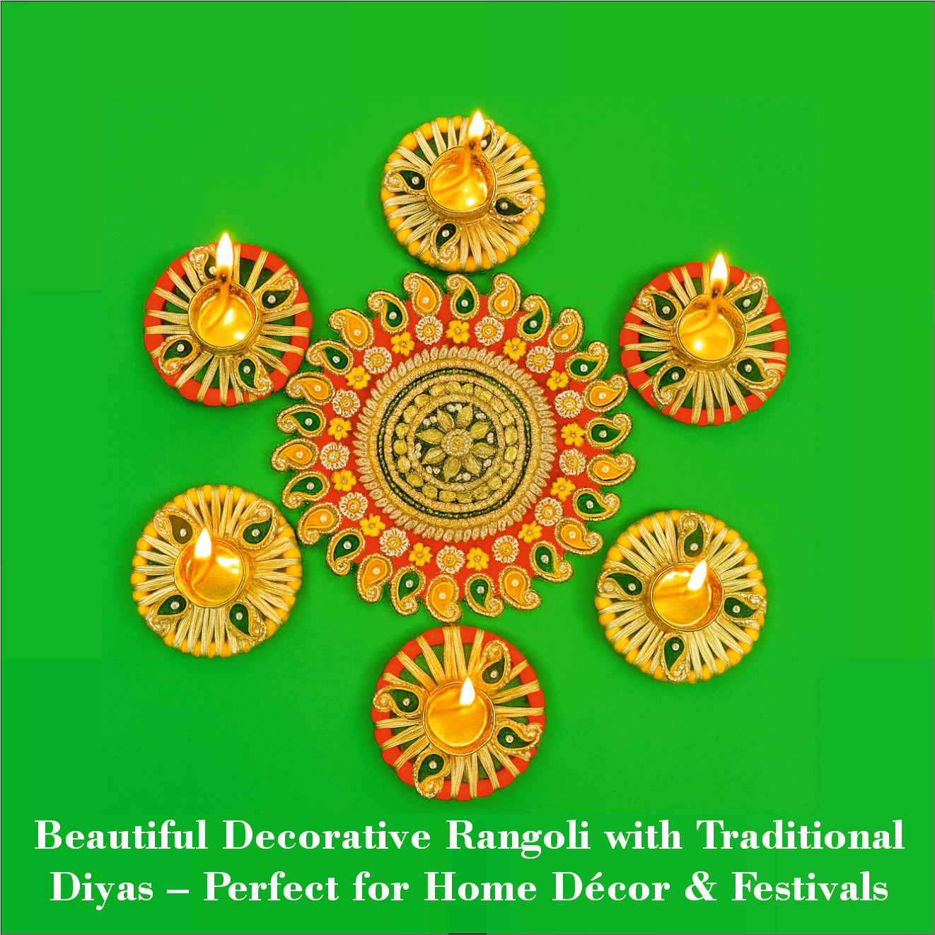 Decorative rangoli with traditional diyas on a green background
