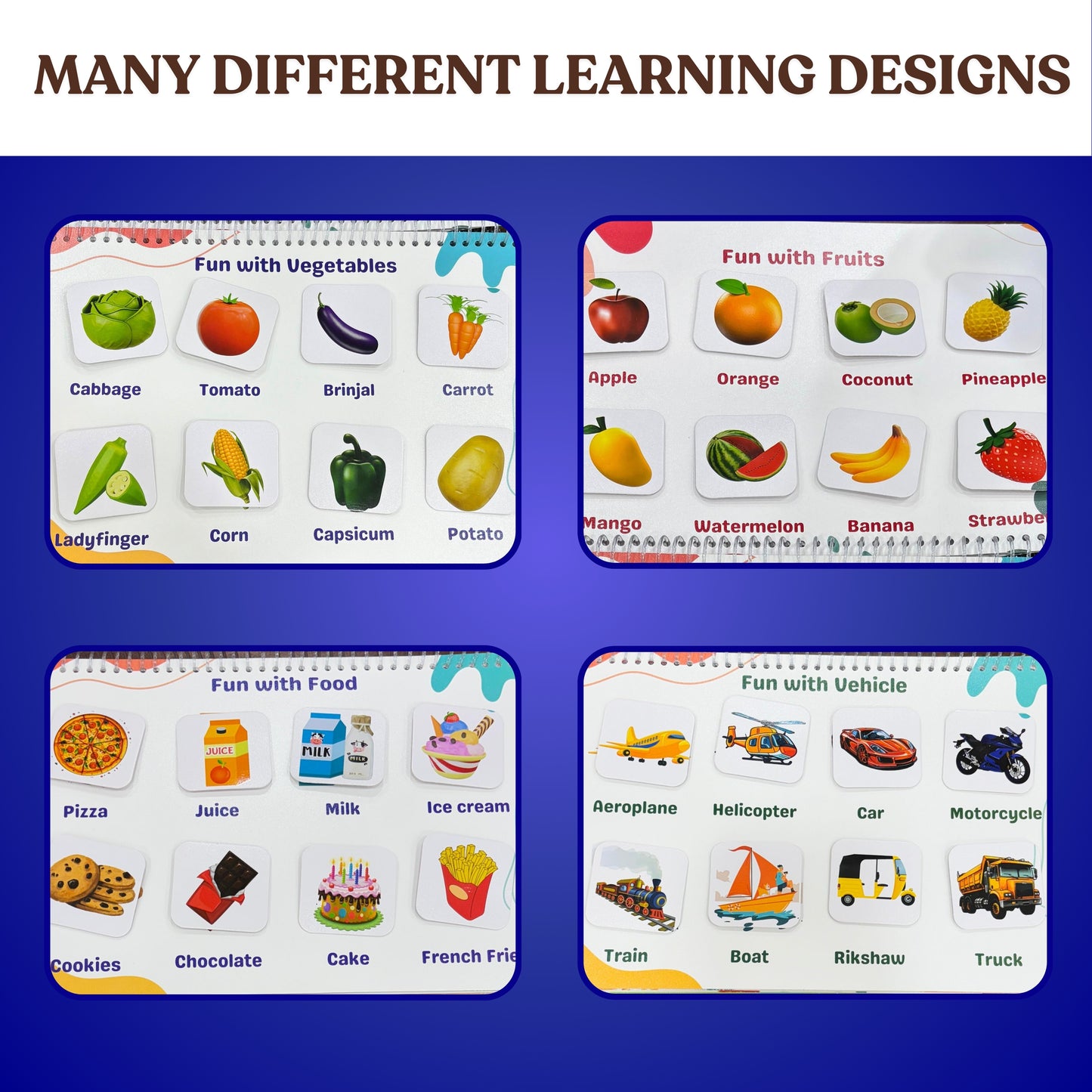Educational posters with learning designs on fruits, vegetables, food, and vehicles on a blue background.