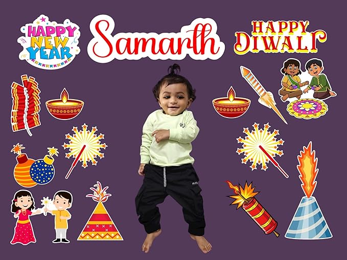 Child in a white sweater and black pants surrounded by Diwali-themed illustrations on a purple background.