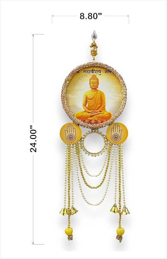 Decorative wall hanging with Buddha image and measurements on a white background