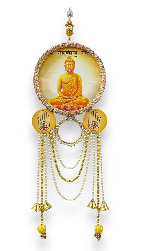 Decorative wall hanging with Buddha image and hand symbols on a white background