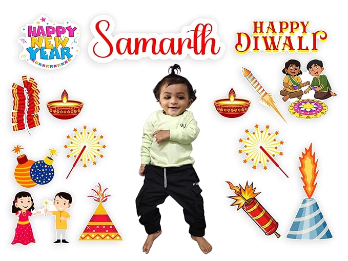 Child standing among Diwali-themed decorations with 'Happy New Year' and 'Happy Diwali' text.