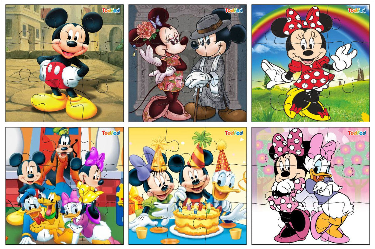 Set of six Disney character puzzles featuring Mickey, Minnie, and other friends.