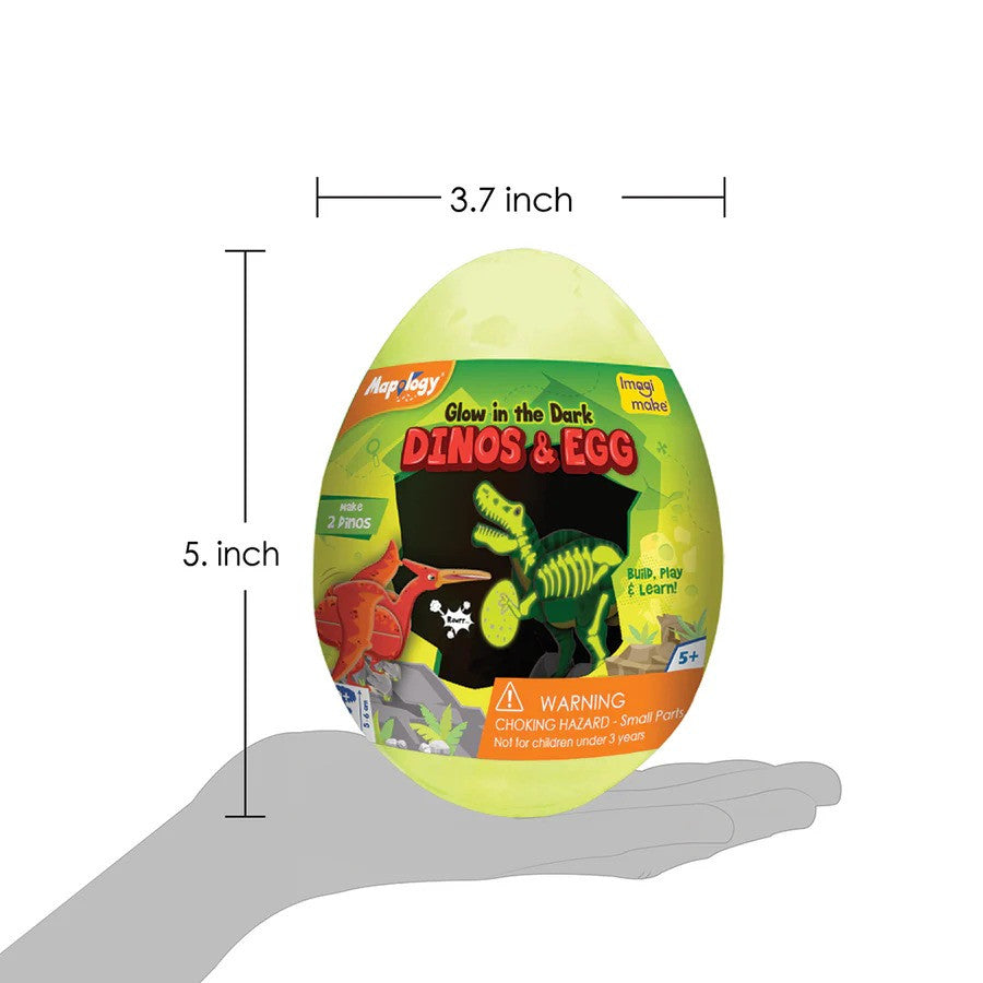 Glow-in-the-dark dinosaur egg with measurements on a white background