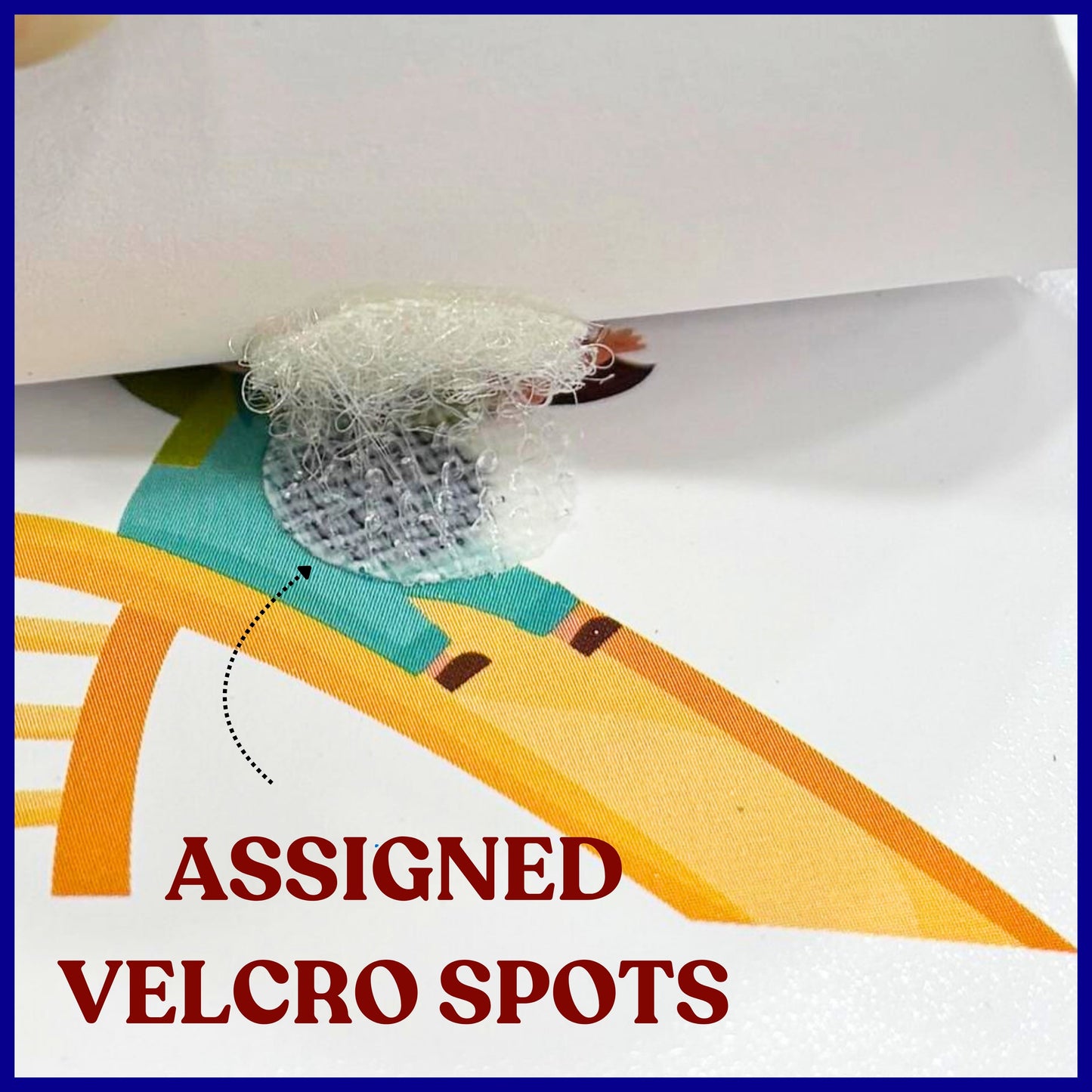 Textured material labeled 'Assigned Velcro Spots' on a colorful background