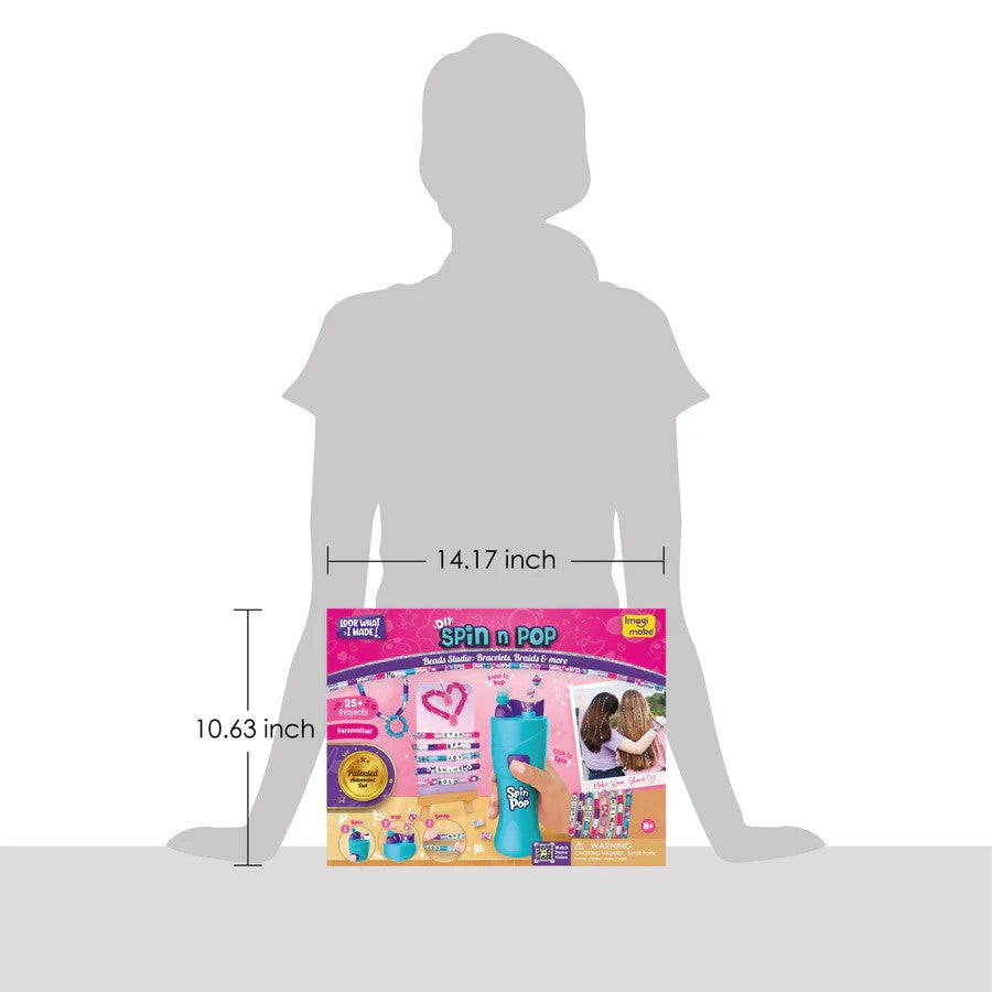Spin 'n Pop toy packaging with dimensions shown relative to a person