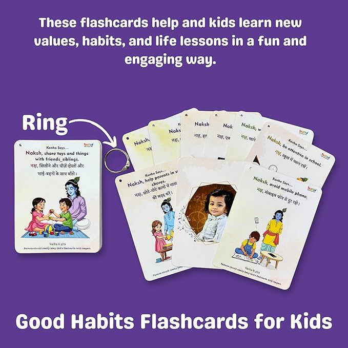 Todfod Personalized Good Habit Flashcards | Bilingual English-Hindi Learning Cards | Custom with Child's Photo & Name | 32 Educational Cards for Toddlers Ages 2-6 Years