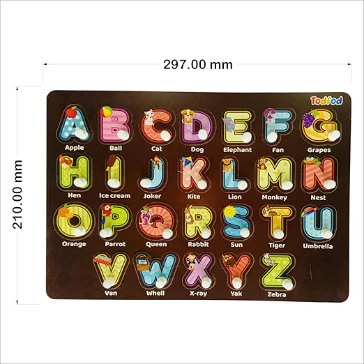 Colorful alphabet mat with cartoon illustrations and text on a brown background