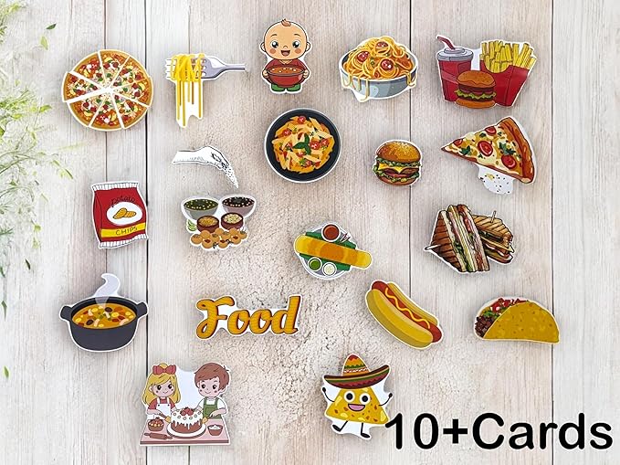 Collection of food-themed magnetic cards on a wooden surface