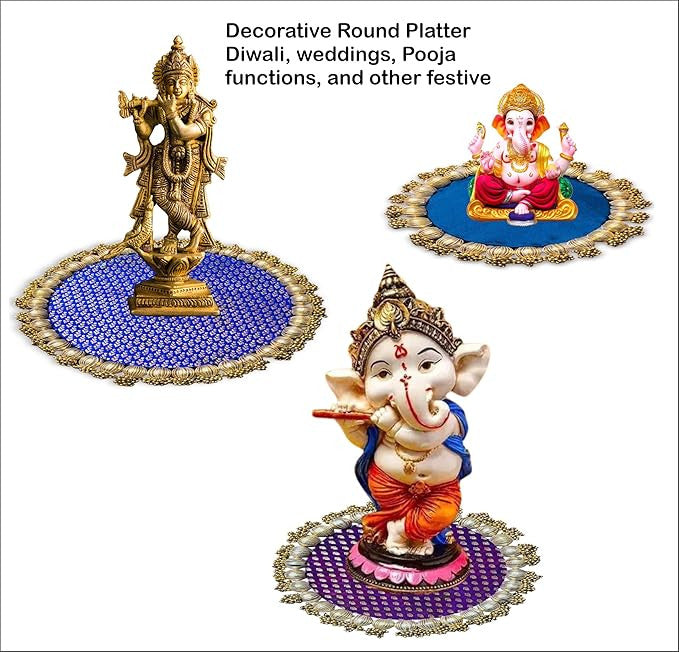 Decorative round platters with statues on a white background