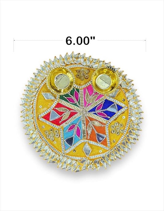 Decorative circular object with colorful design and gold accents, size 6.00 inches.