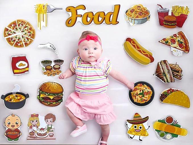 Baby surrounded by food-themed illustrations on a white background