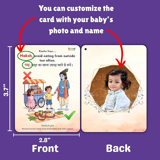 Todfod Personalized Good Habit Flashcards | Bilingual English-Hindi Learning Cards | Custom with Child's Photo & Name | 32 Educational Cards for Toddlers Ages 2-6 Years