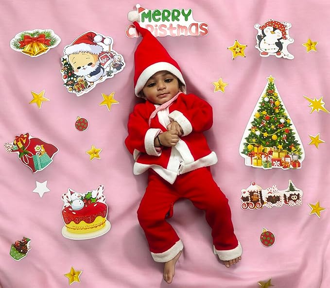 Child in Santa Claus outfit surrounded by Christmas-themed stickers on a pink background