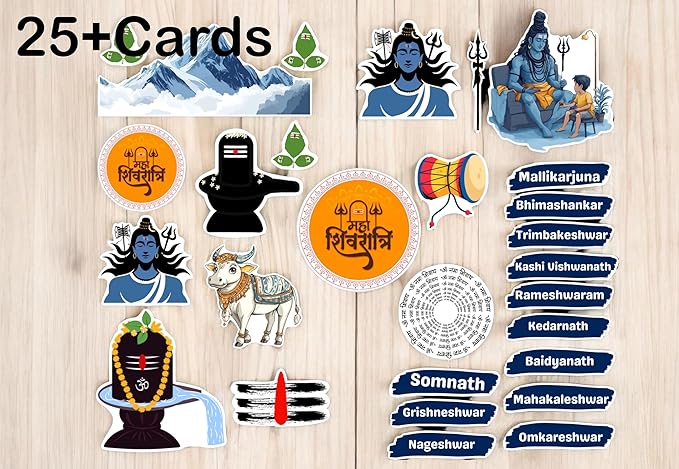 Collection of stickers with religious symbols and names on a wooden background