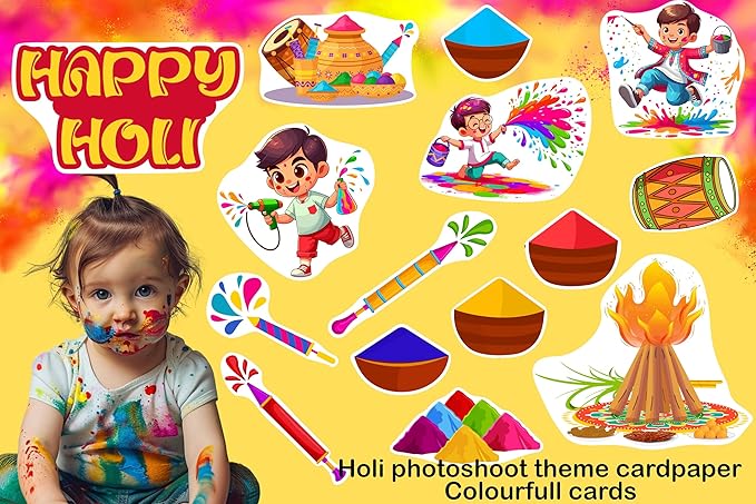 Child with colorful face paint against a Holi-themed card with illustrations and text.