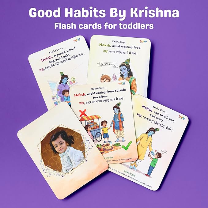 Todfod Personalized Good Habit Flashcards | Bilingual English-Hindi Learning Cards | Custom with Child's Photo & Name | 32 Educational Cards for Toddlers Ages 2-6 Years