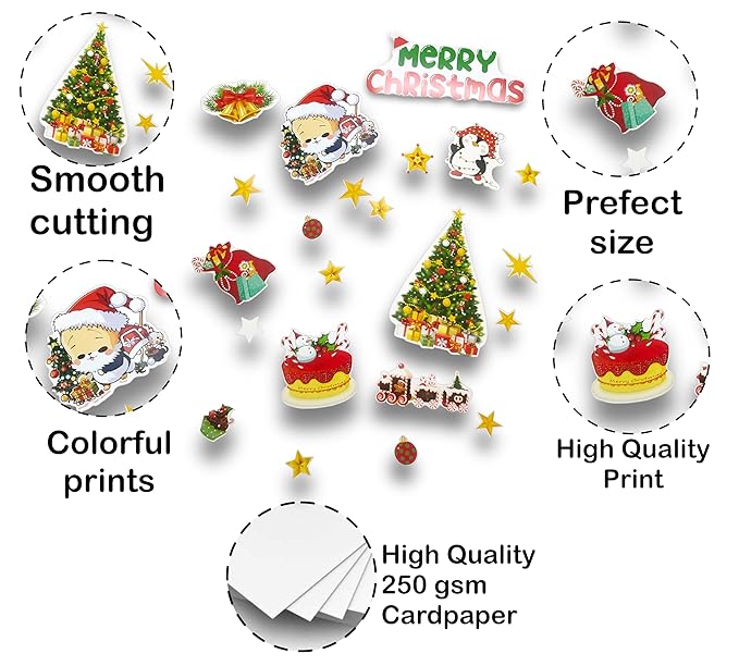Collection of Christmas-themed cutouts with text highlighting features like smooth cutting, prefect size, colorful prints, and high-quality print on 250 gsm cardpaper.