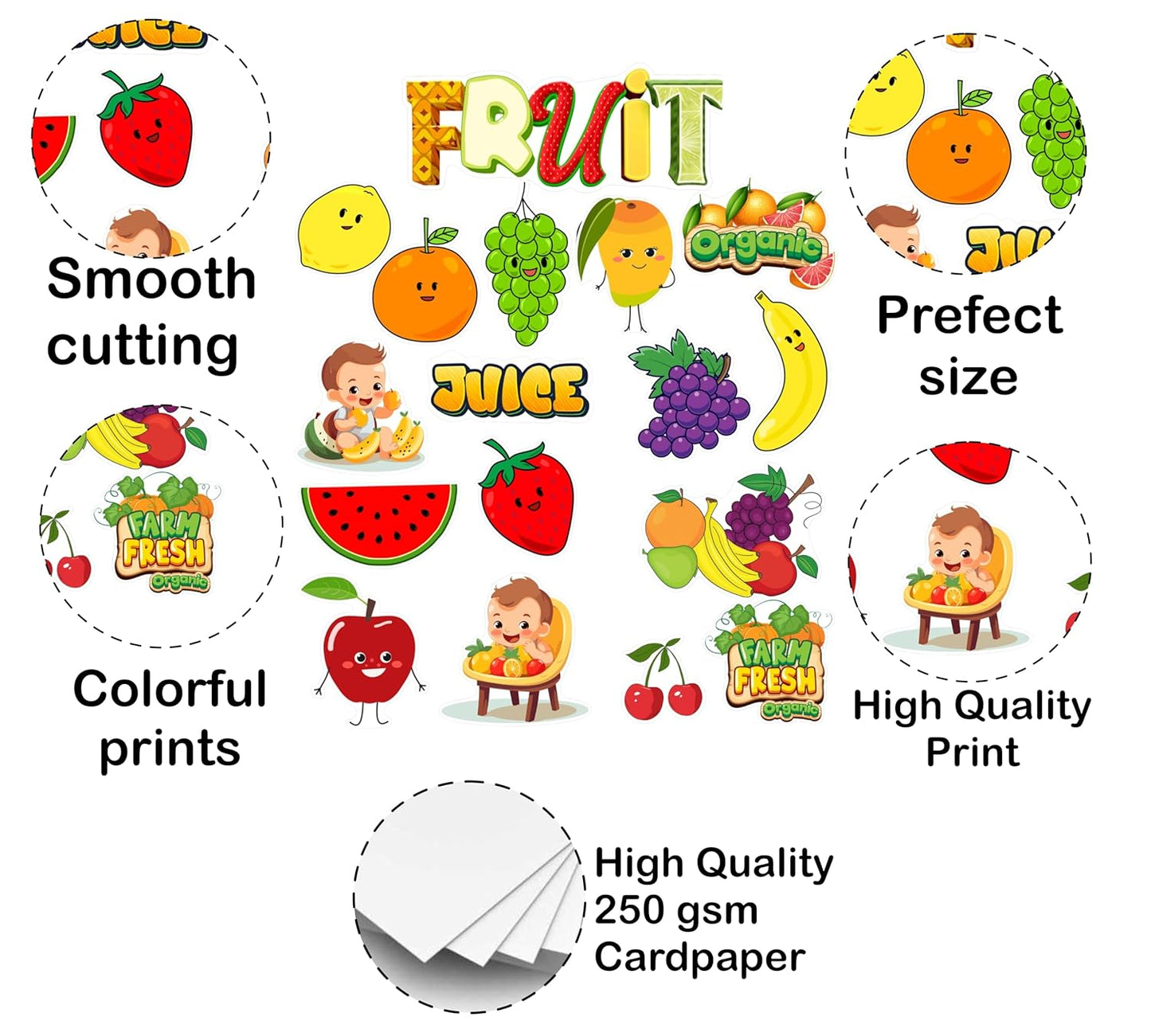 Promotional graphic of fruit-themed stickers with text highlighting features like smooth cutting, colorful prints, and high quality print on 250 gsm cardpaper.