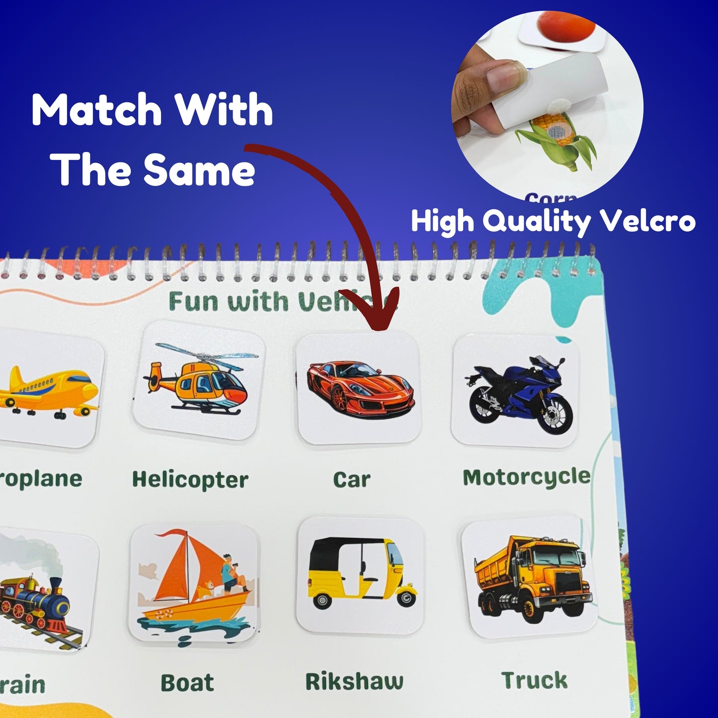 Educational book with vehicle illustrations and a close-up of high-quality velcro, on a blue background.