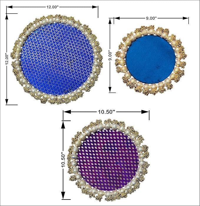 Three circular coasters with decorative edges and measurements on a white background